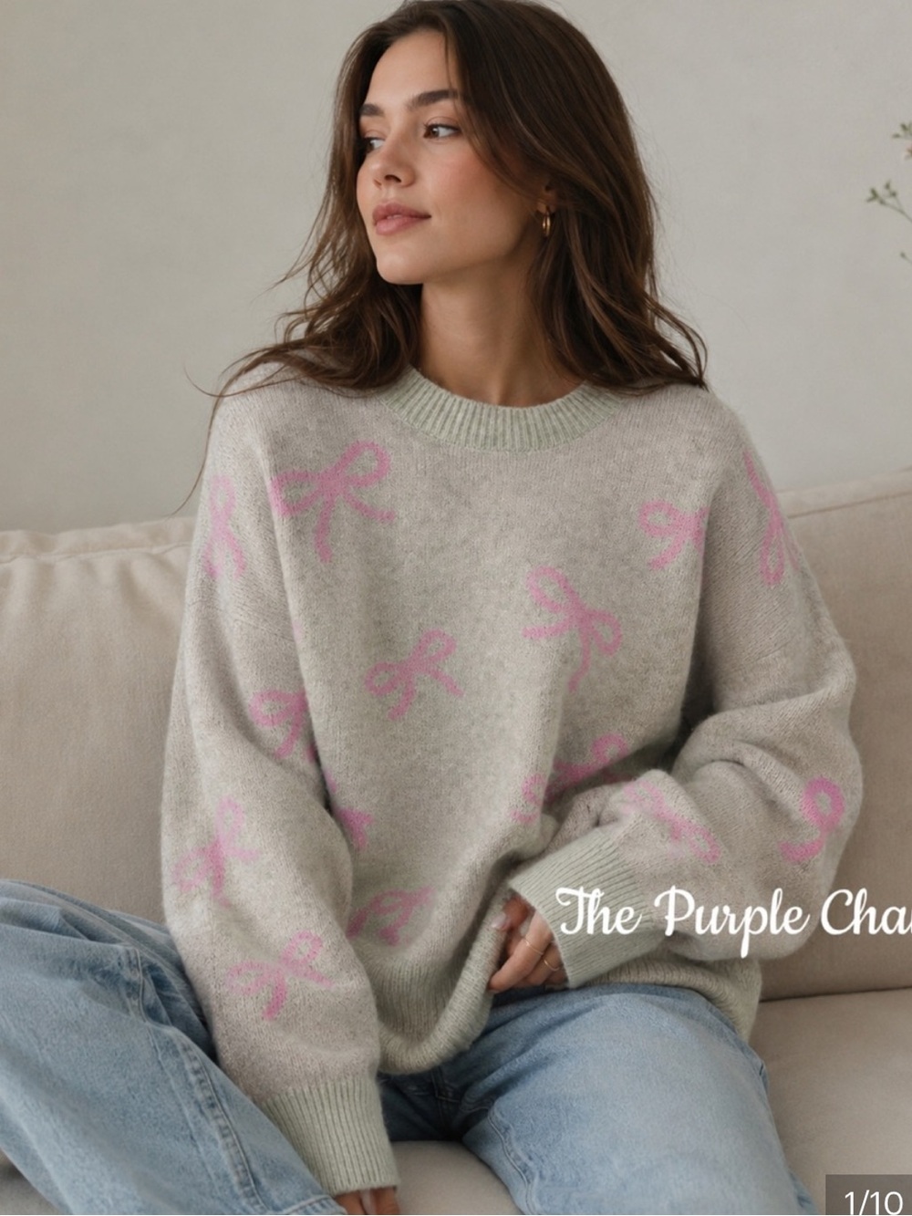 CECE Malted/Prism Pink Bow Long Sleeve Crewneck Oversized Sweater
